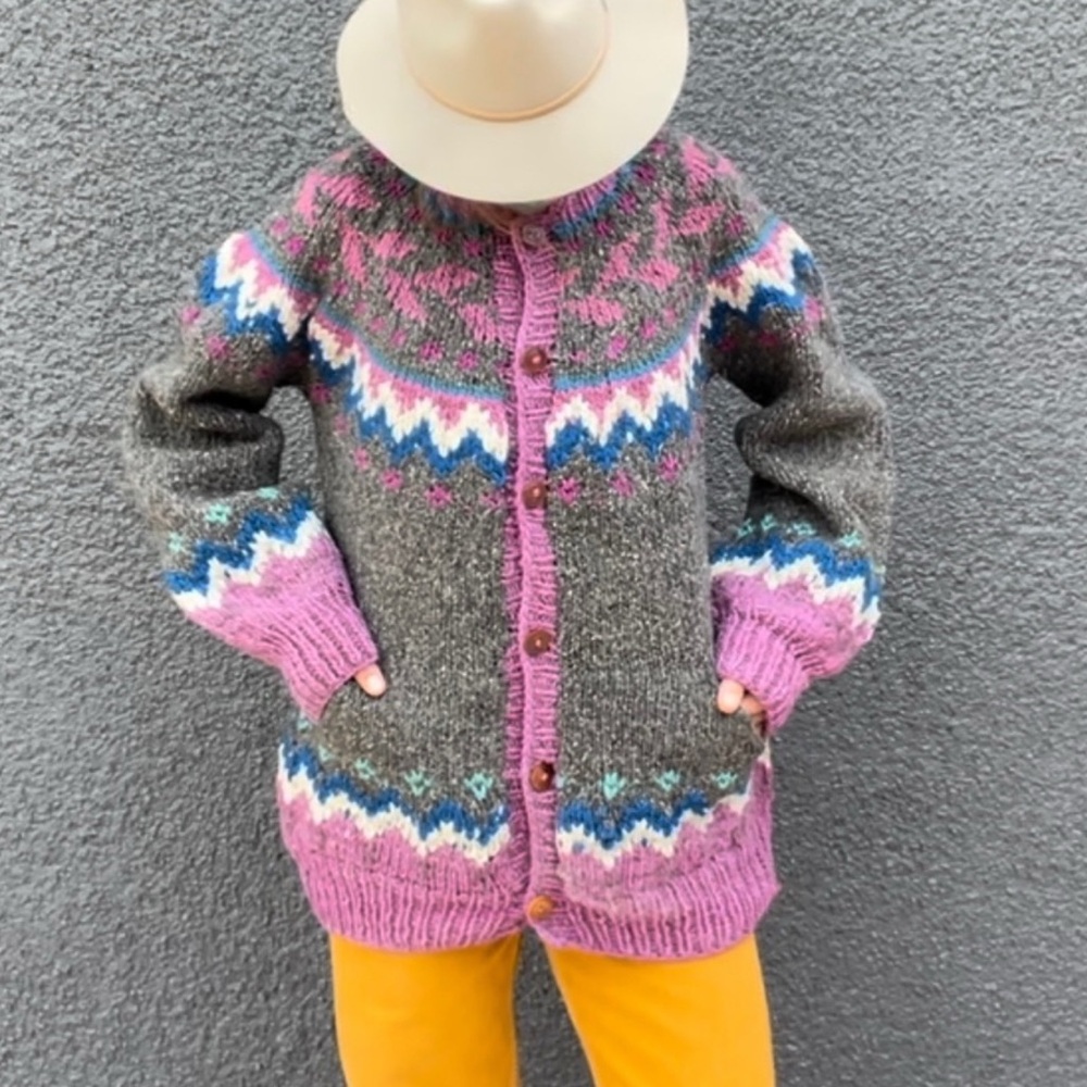 Vintage Nordic Fairisle Chunky Wool Knit Button Cardigan Sweater